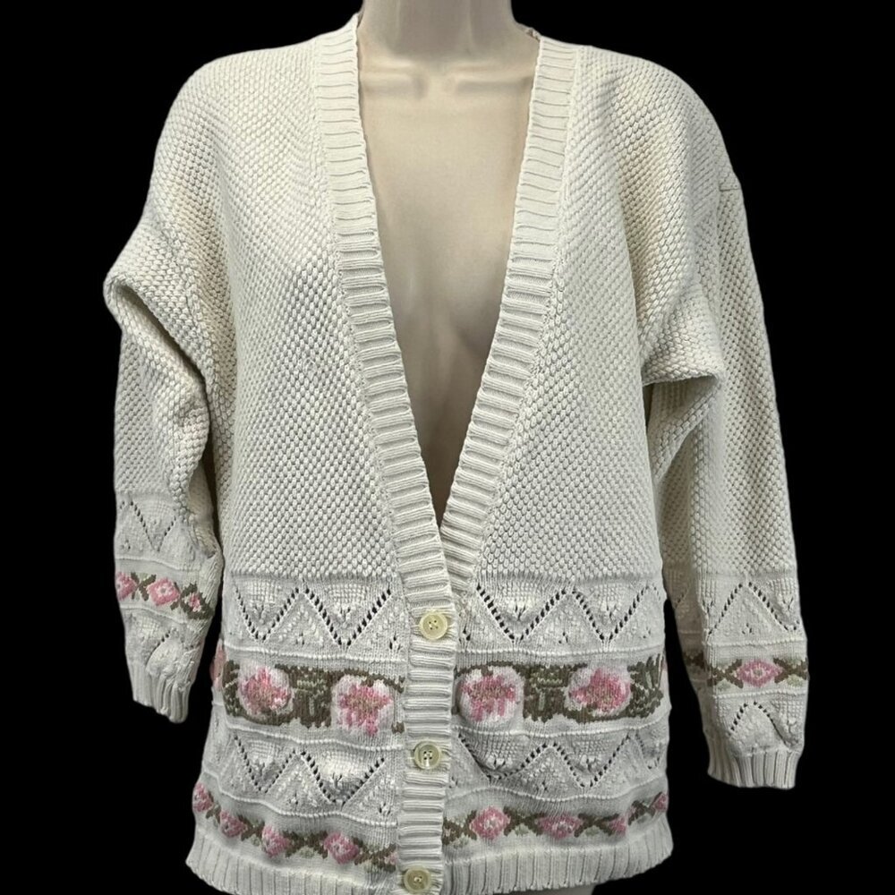 Vtg Eddie Bauer Cardigan Sweater 1990 Grannycore Grandma Small flower 90s Y2K